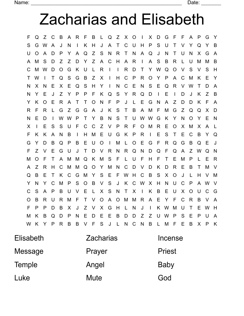 Zacharias and Elisabeth Word Search