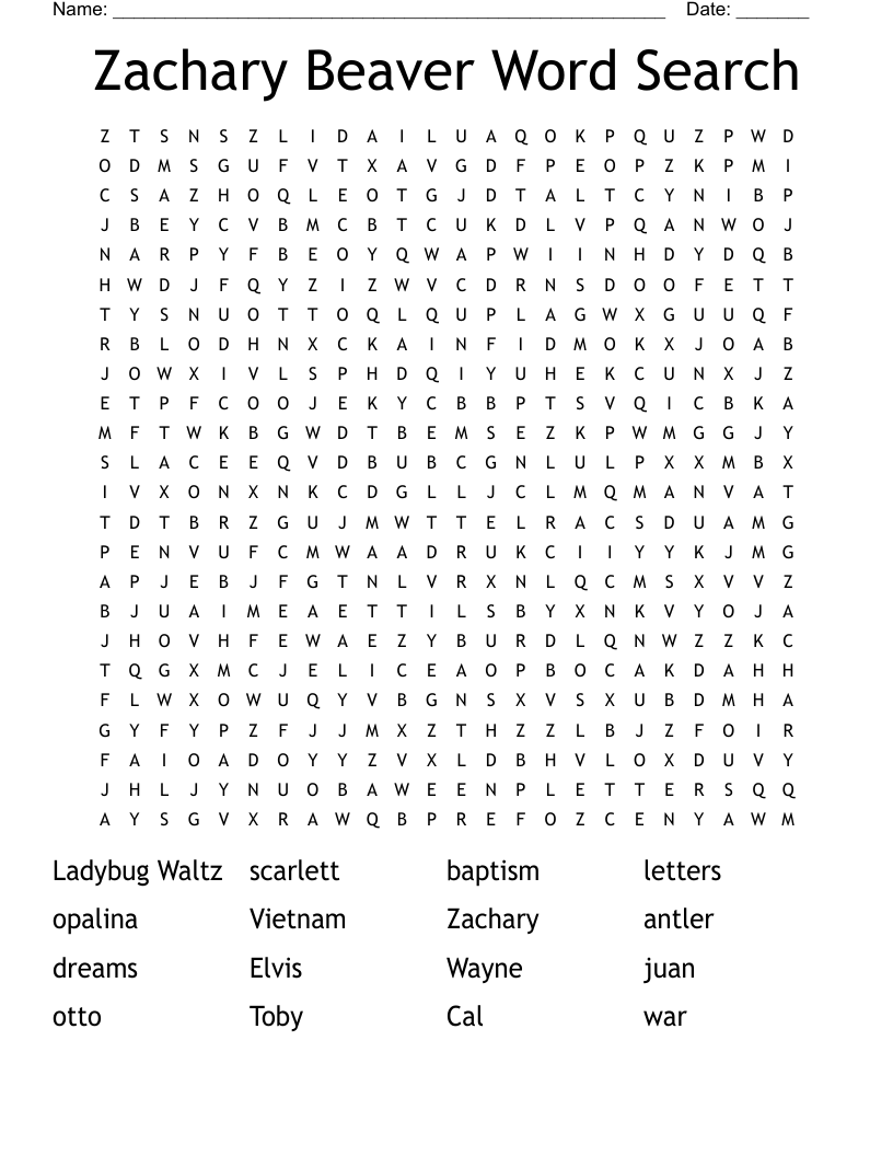 Zachary Beaver Word Search