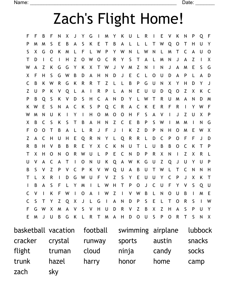 Zach's Flight Home! Word Search