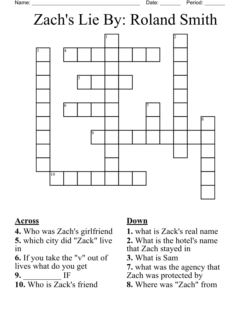 Zach's Lie  By: Roland Smith Crossword