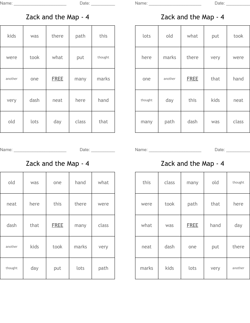 Zack and the Map - 4 Bingo Cards