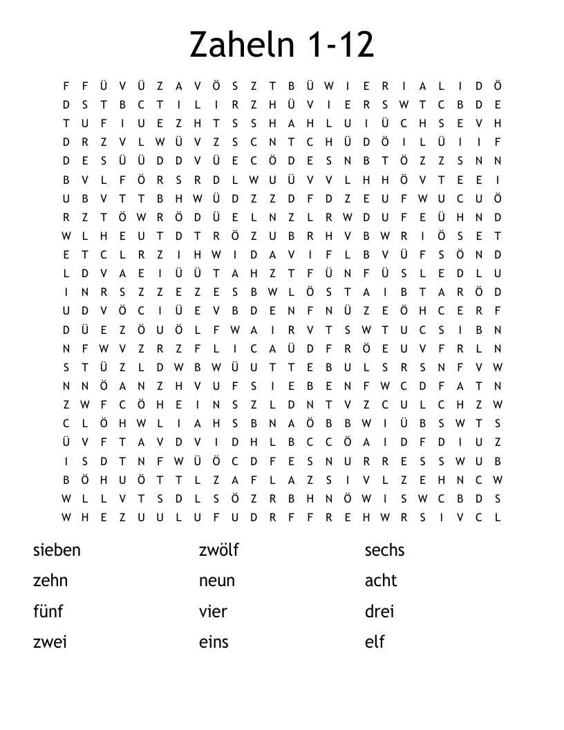 Zaheln 1-12 Word Search