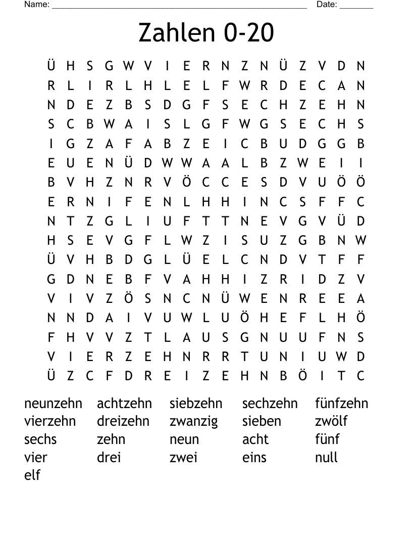 Zahlen 0-20 Word Search