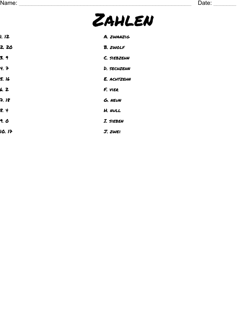 Zahlen Worksheet