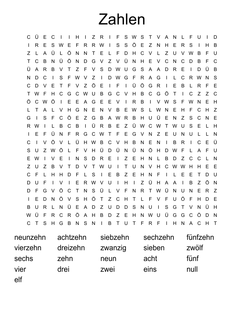 Zahlen Word Search