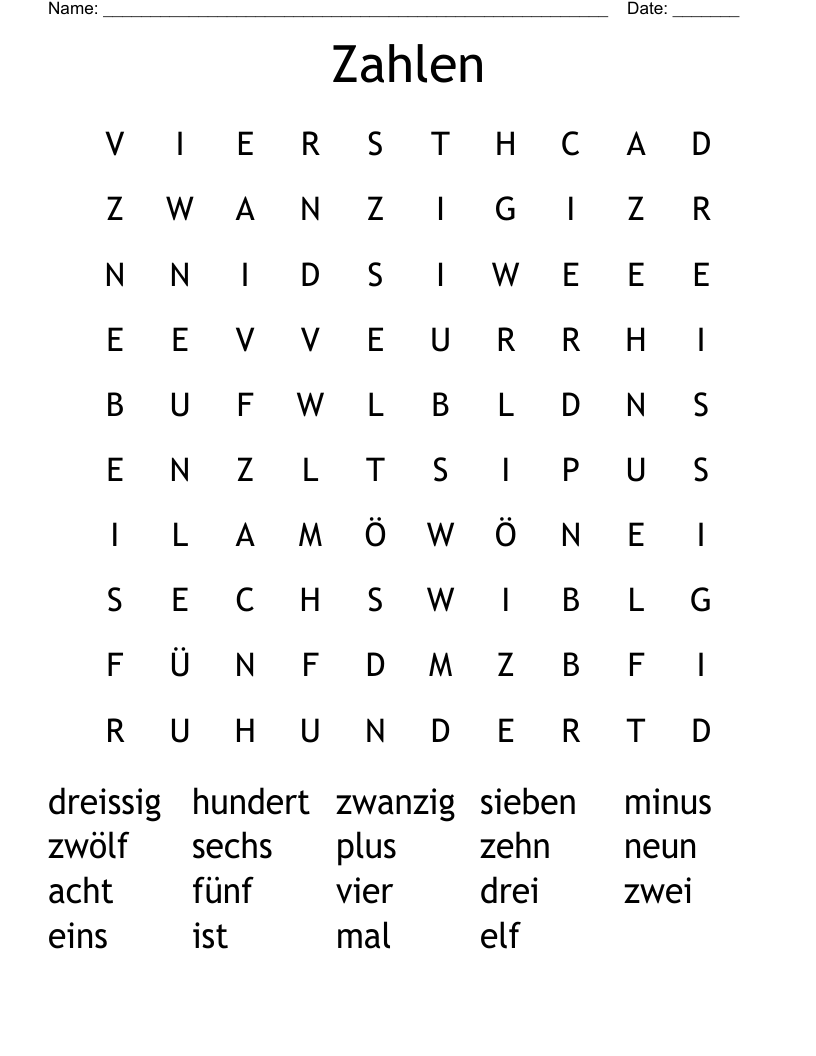 Zahlen Word Search