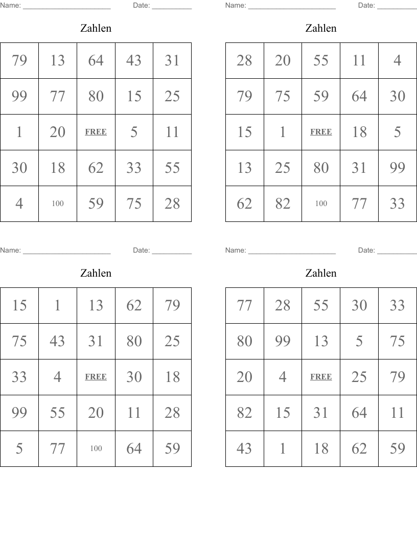 Zahlen Bingo Cards