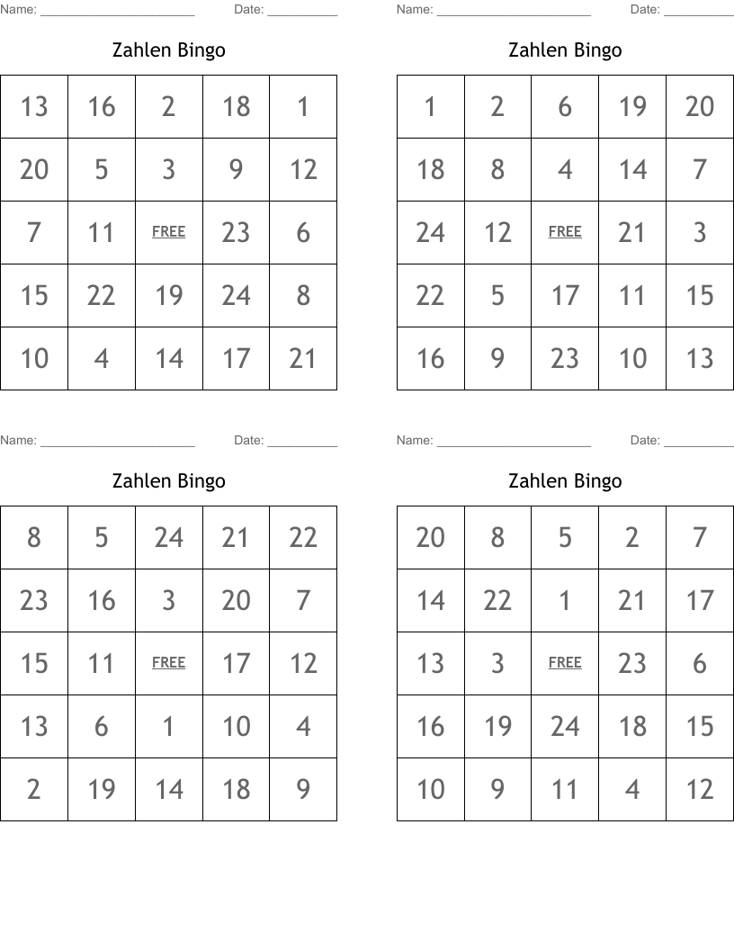 Zahlen Bingo
