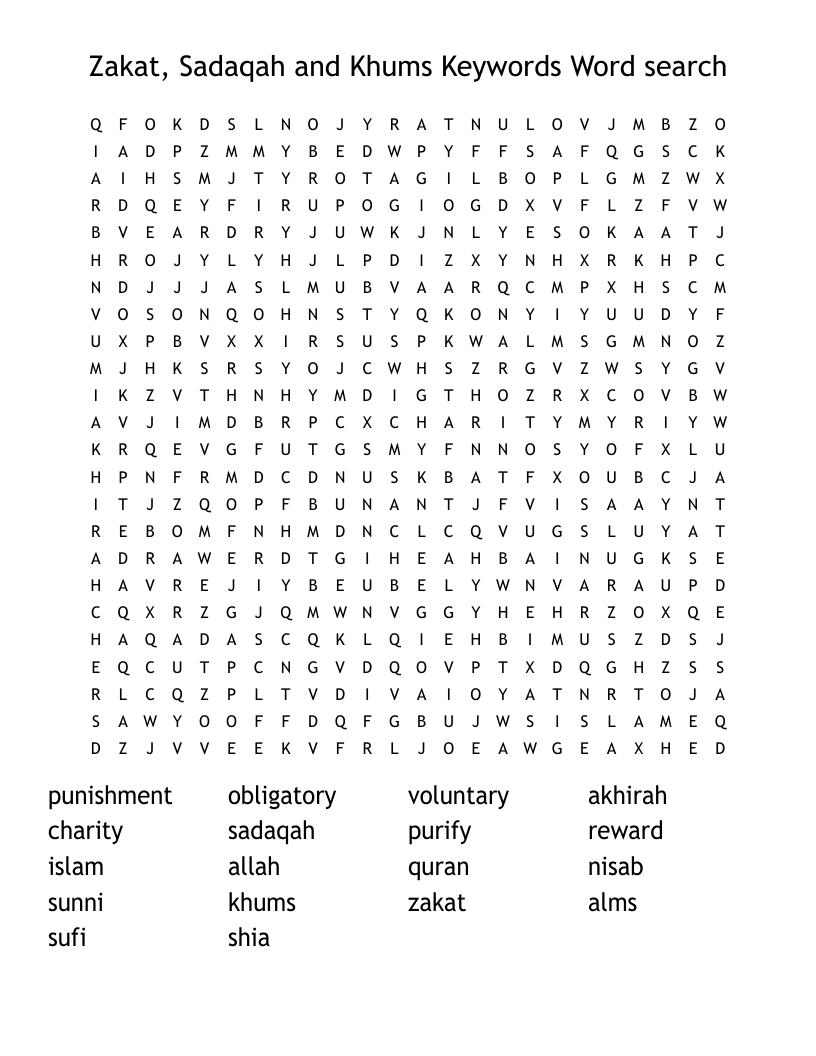 Zakat, Sadaqah and Khums Keywords Word search 