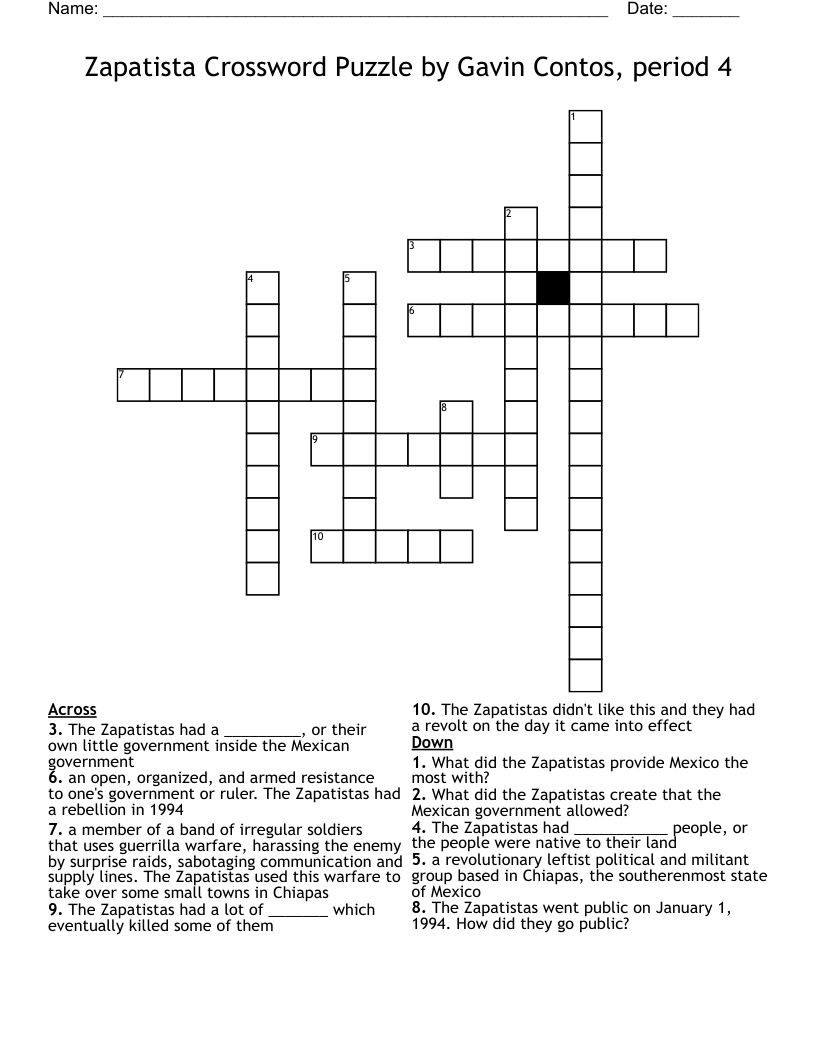 Zapatista Crossword Puzzle by Gavin Contos, period 4