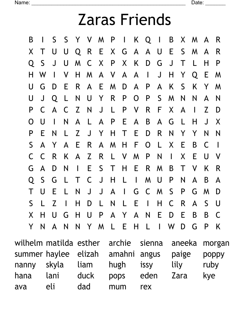 Zaras Friends Word Search