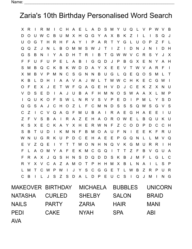 Zaria's 10th Birthday Personalised Word Search