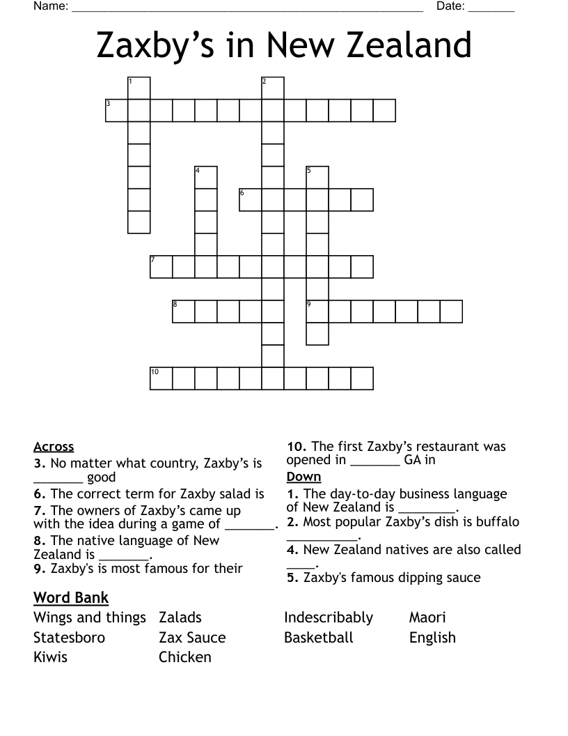 Zaxby’s in New Zealand  Crossword