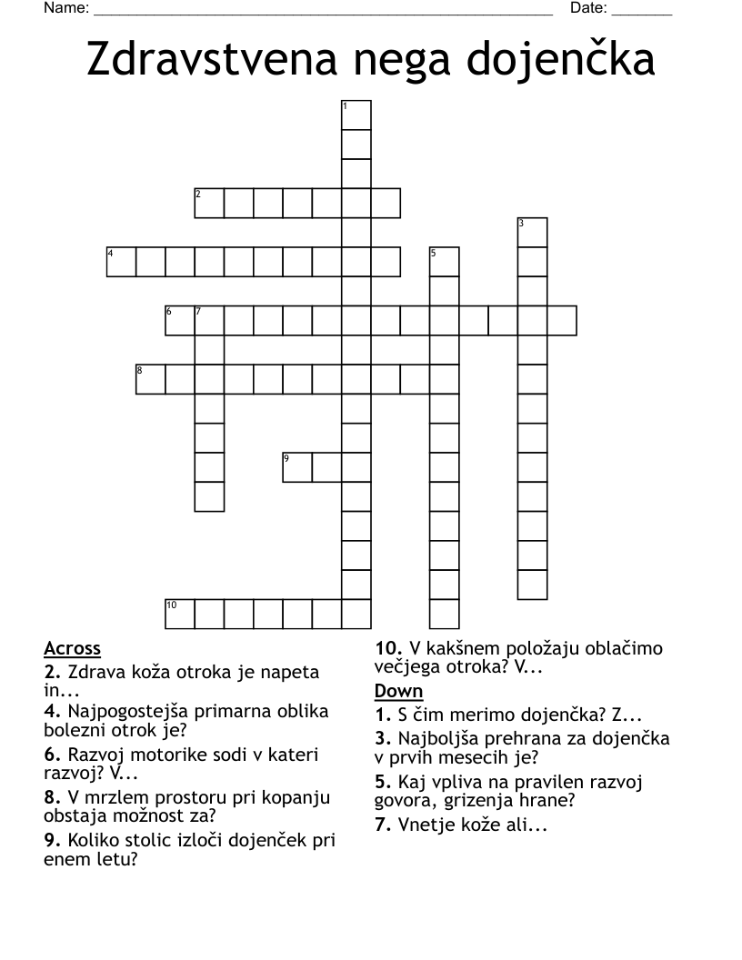 Zdravstvena nega dojenčka Crossword