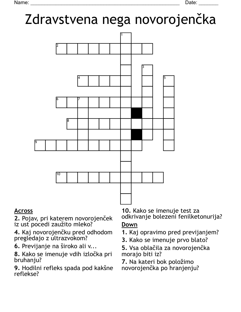 Zdravstvena nega novorojenčka Crossword