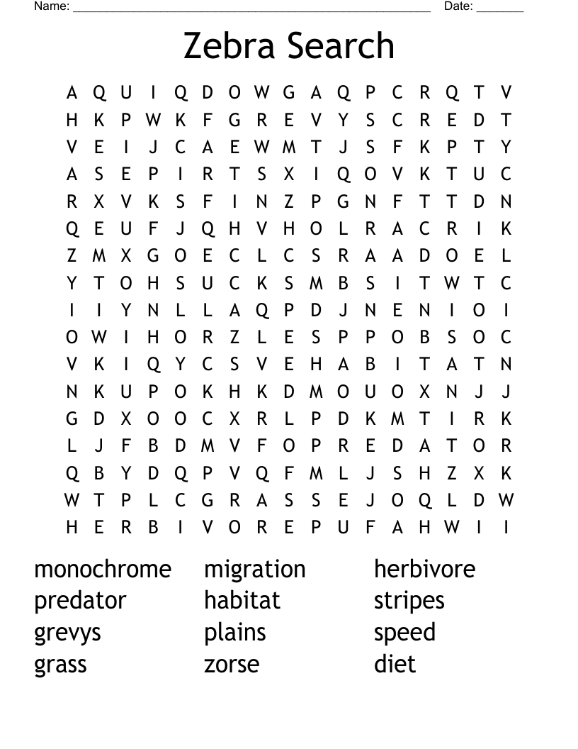 Zebra Search Word Search