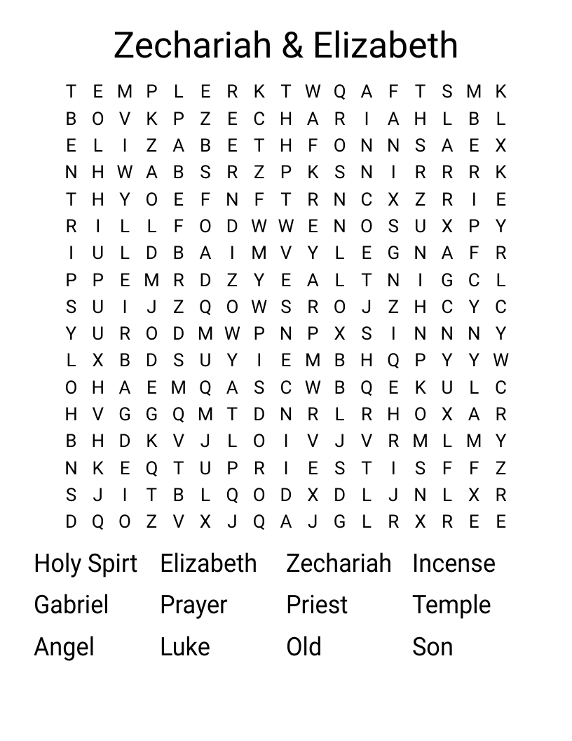 Zechariah & Elizabeth Word Search