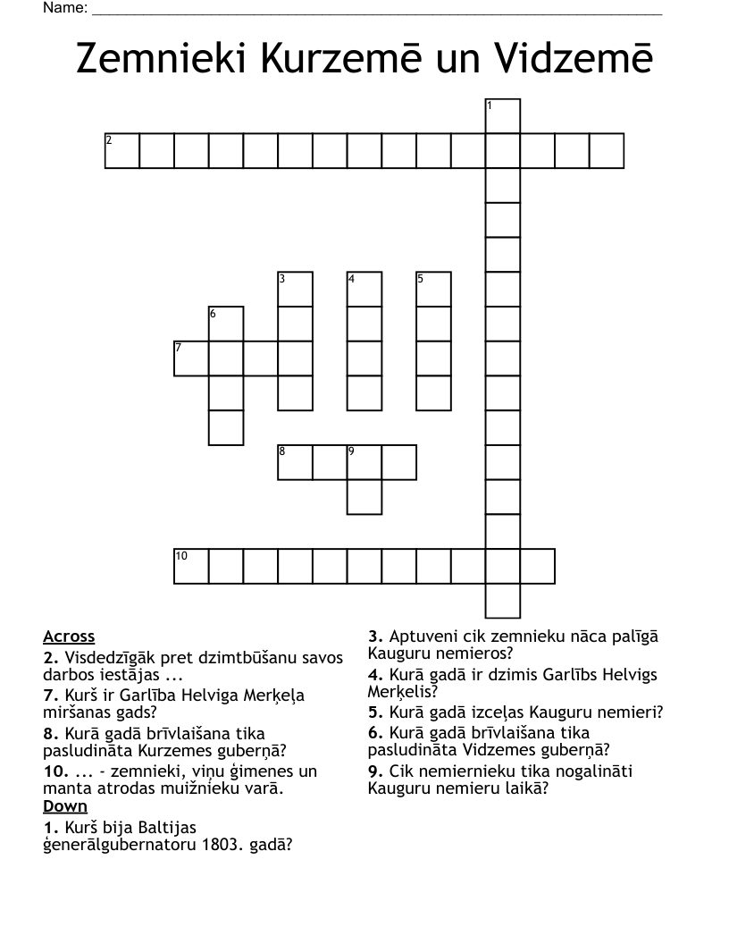 Zemnieki Kurzemē un Vidzemē Crossword