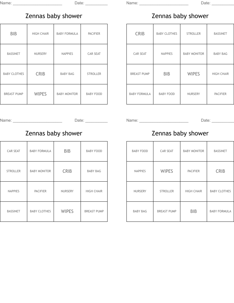 Zennas baby shower  Bingo Cards