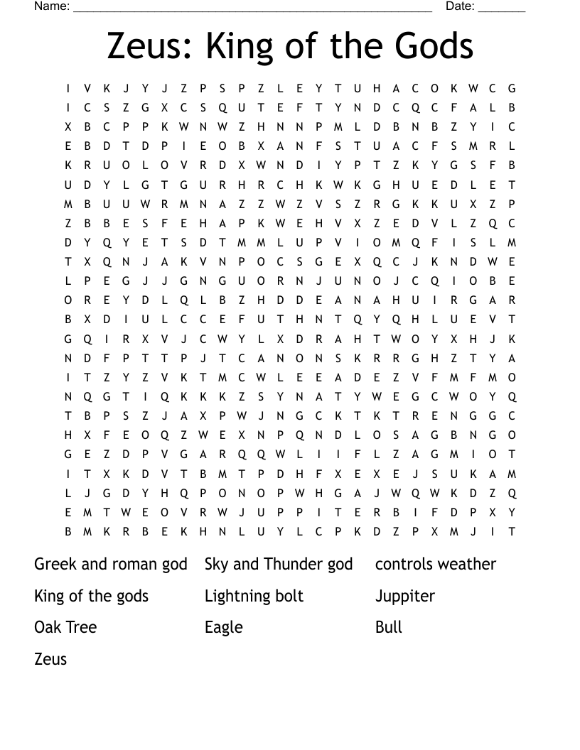 Zeus: King of the Gods Word Search