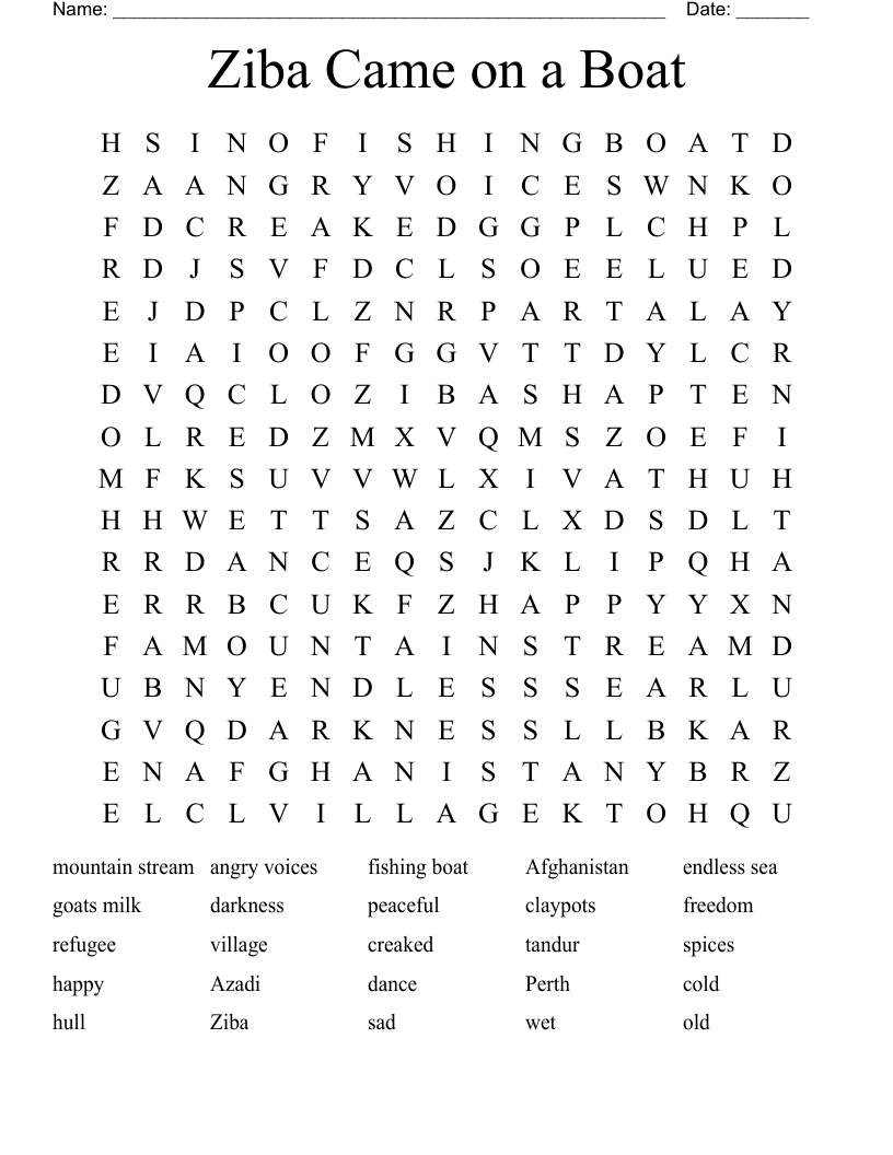 Ziba Came on a Boat Word Search