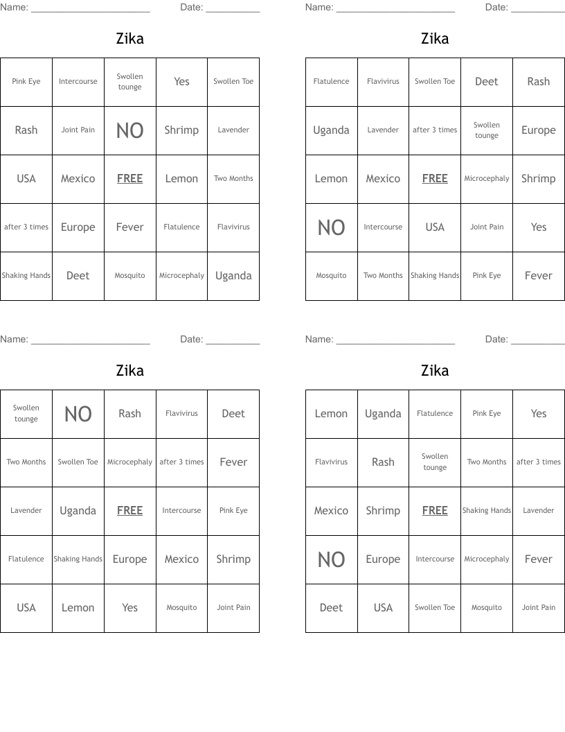 Zika Bingo Cards