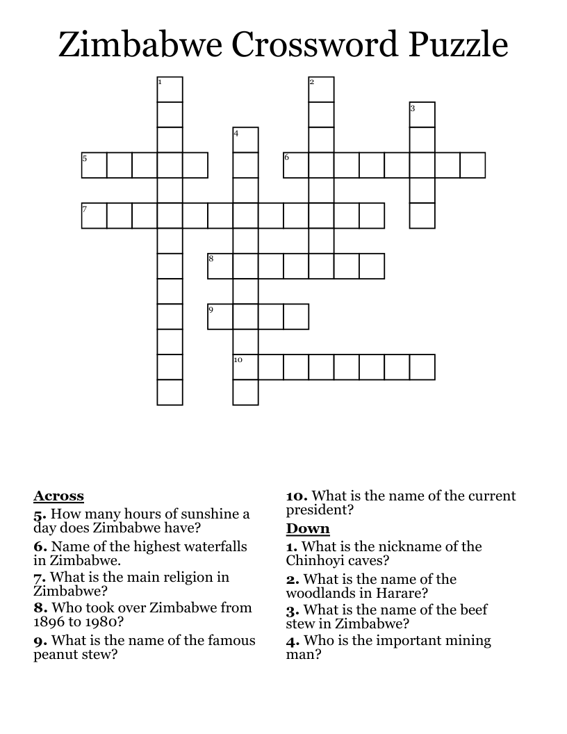 Zimbabwe Crossword Puzzle