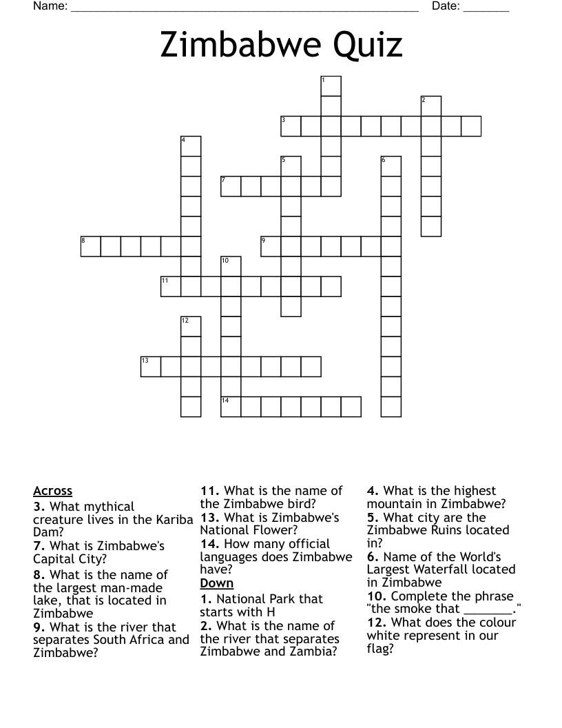 Zimbabwe Quiz Crossword