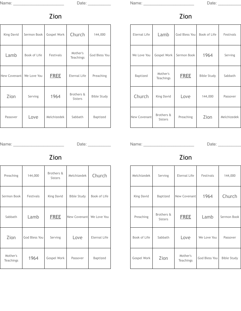 Zion Bingo Cards