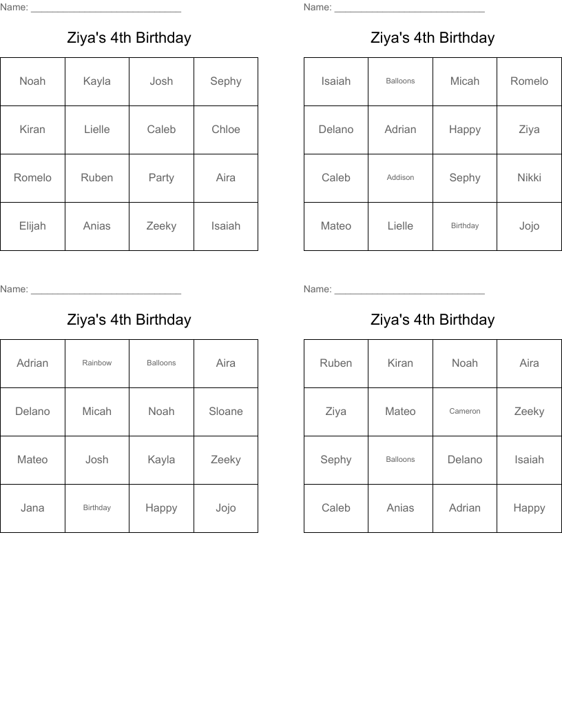 Ziya's 4th Birthday Bingo Cards