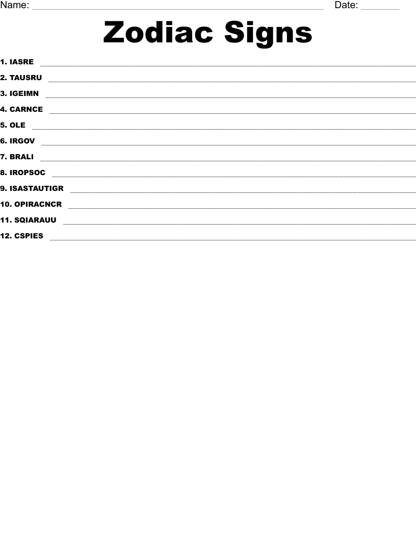 Zodiac Signs Word Scramble