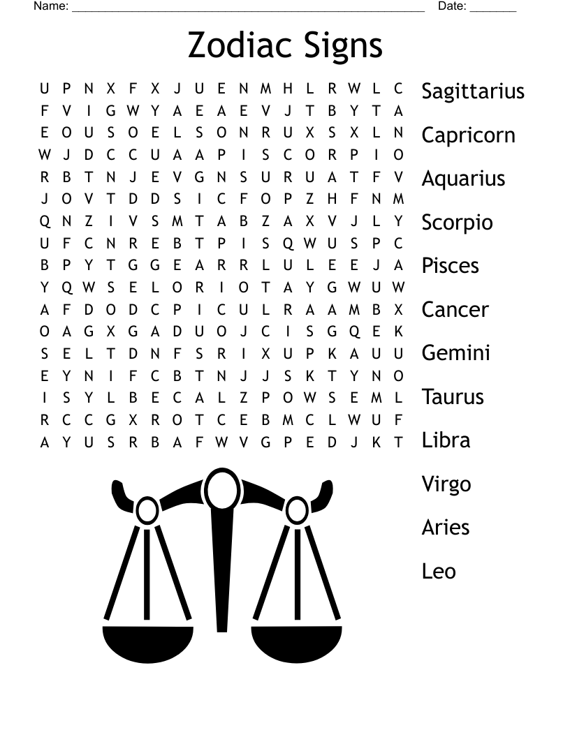 Zodiac Signs Word Search