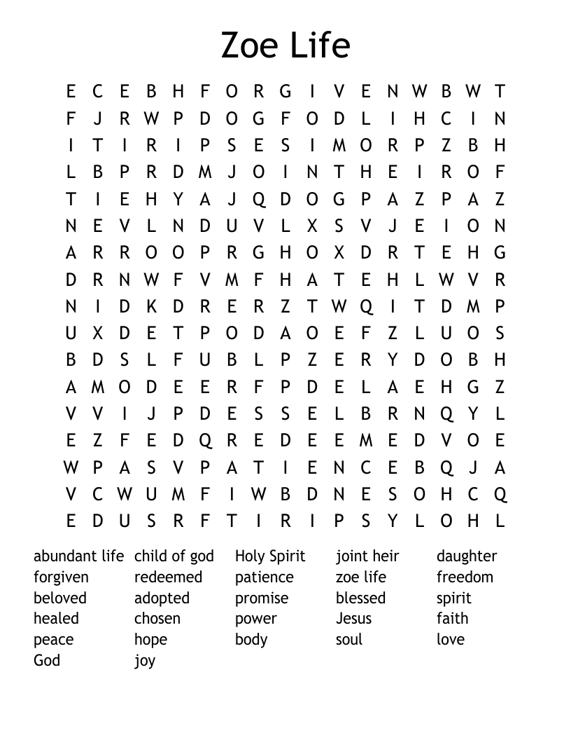 Zoe Life Word Search