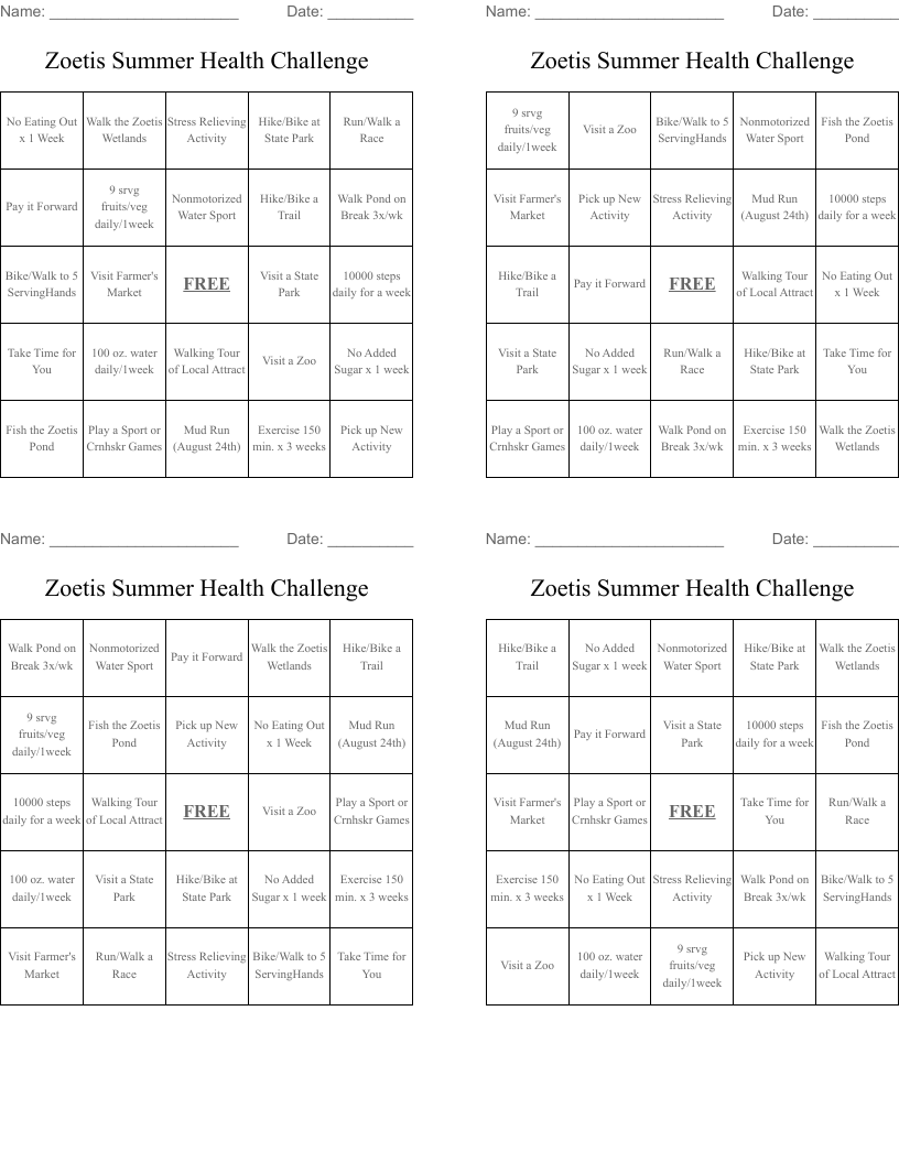Zoetis Summer Health Challenge Bingo Cards