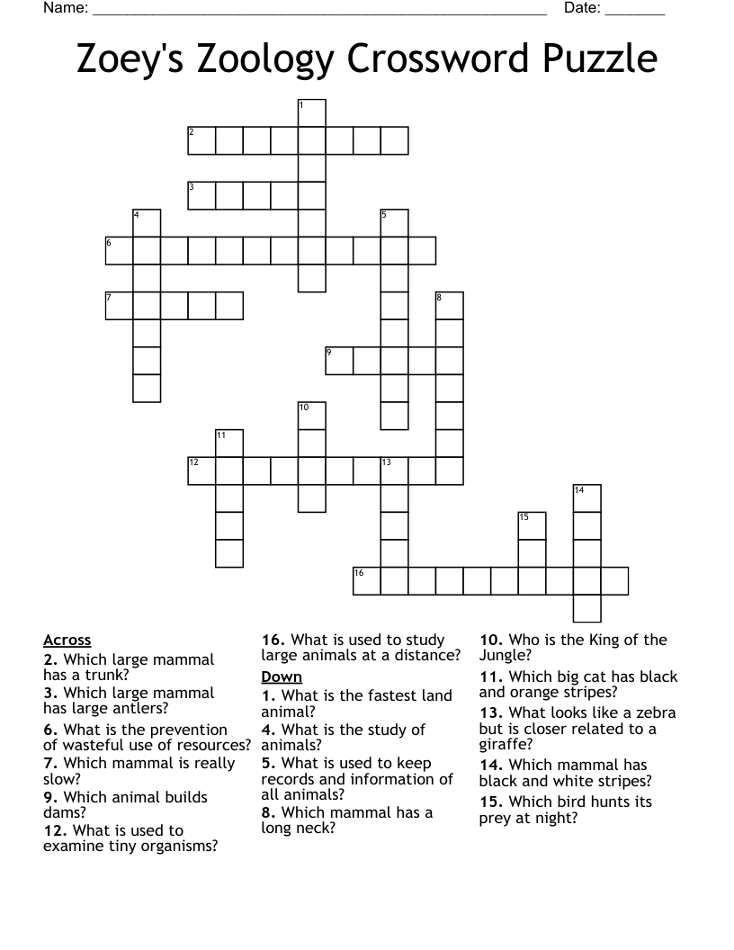 Zoey's Zoology Crossword Puzzle
