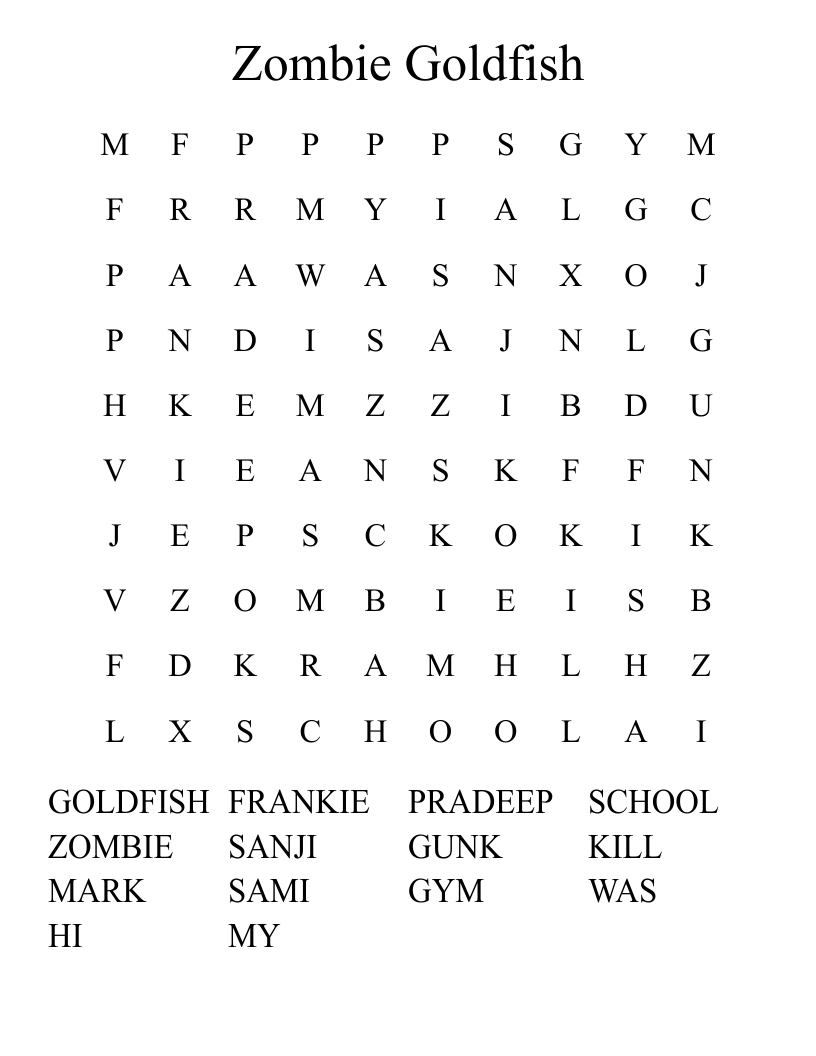 Zombie Goldfish Word Search