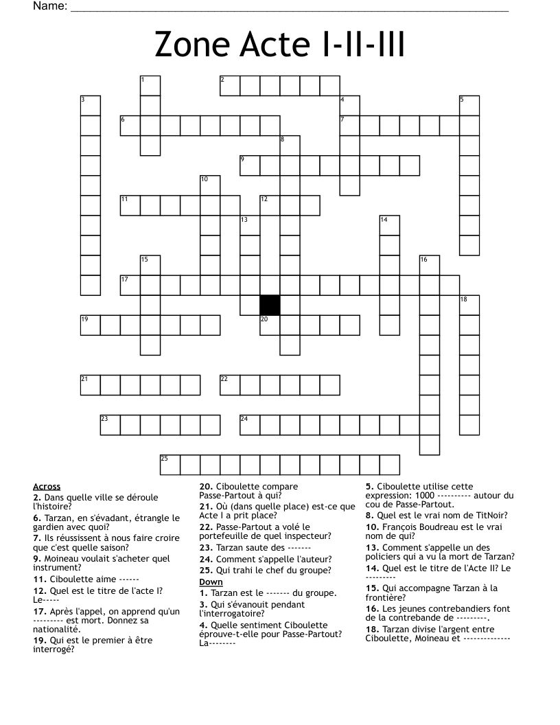 Zone Acte I-II-III Crossword