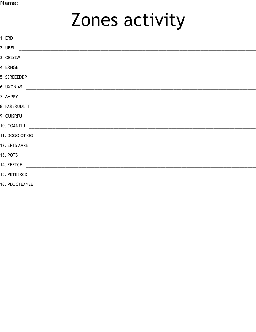 Zones activity Word Scramble