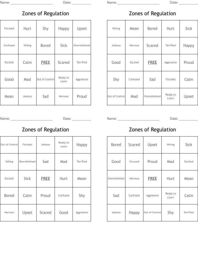 Zones of Regulation Bingo Cards