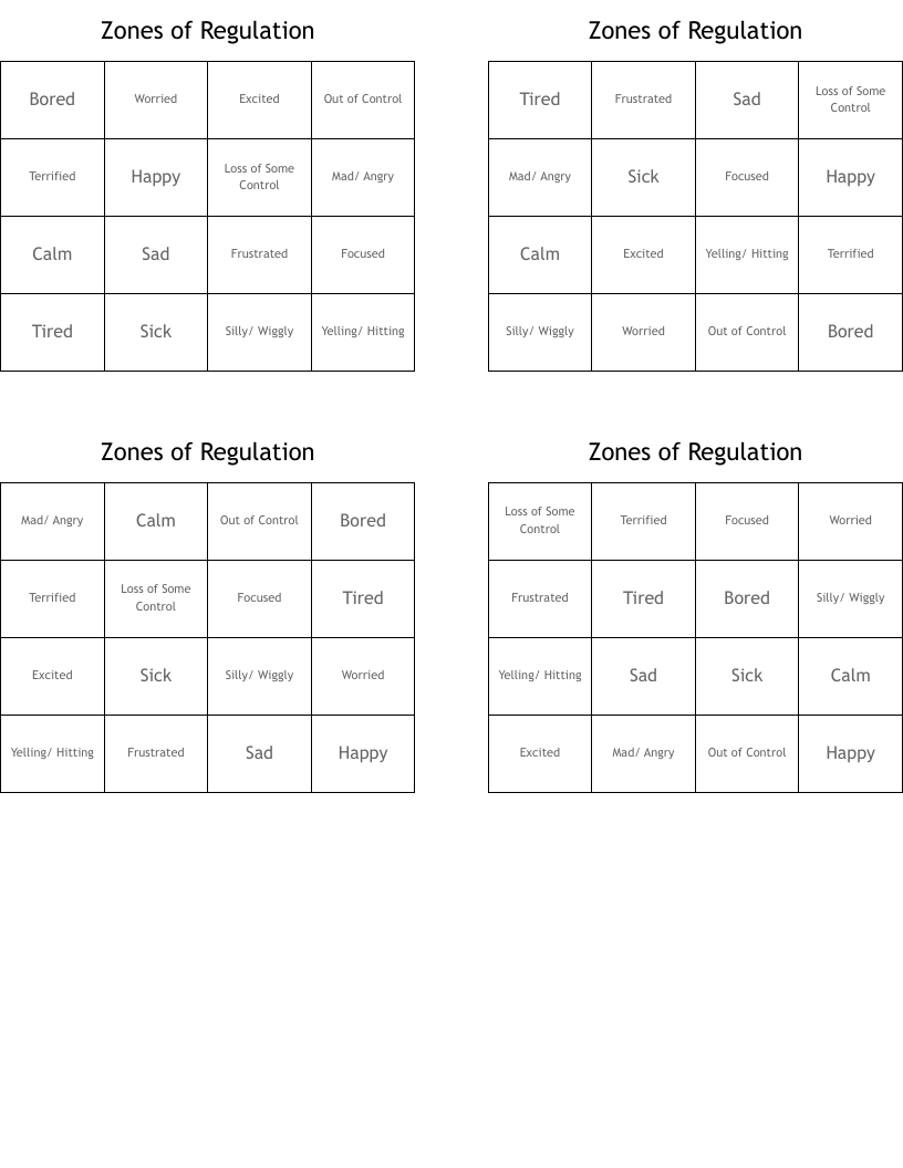 Zones of Regulation Bingo Cards