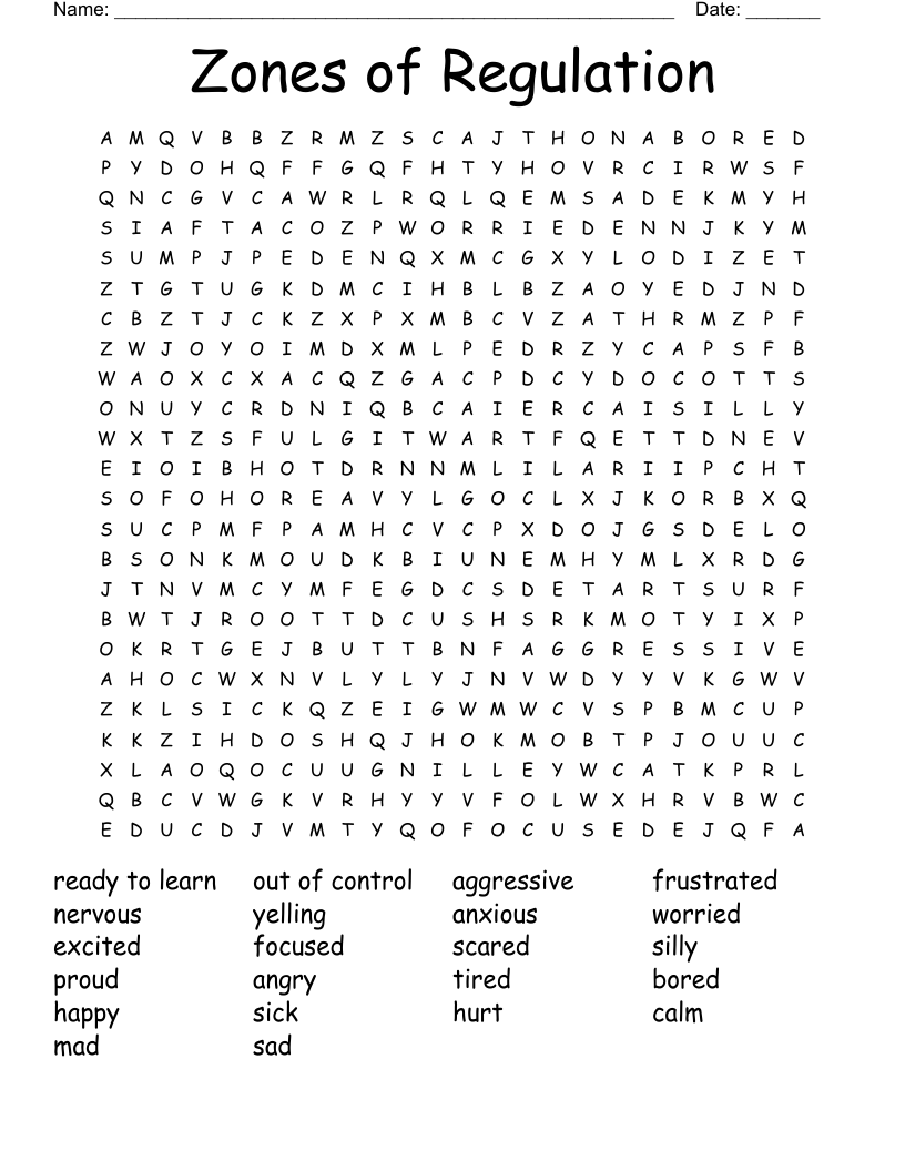 Zones of Regulation Word Search