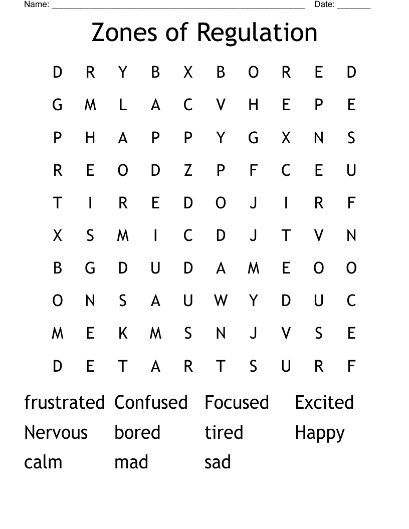 Zones of Regulation Word Search