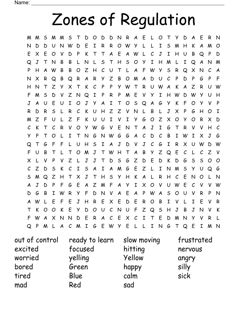 Zones of Regulation Word Search