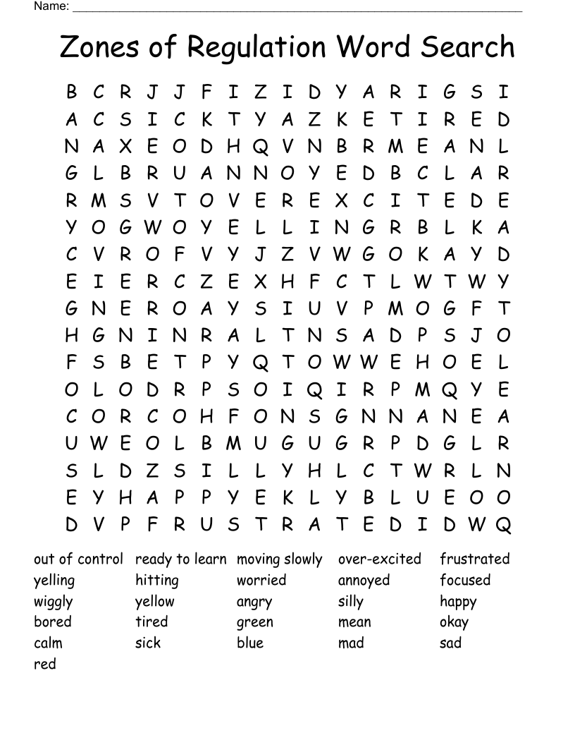 Zones of Regulation Word Search