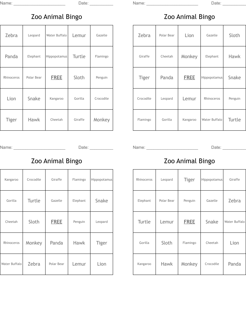 Zoo Animal Bingo