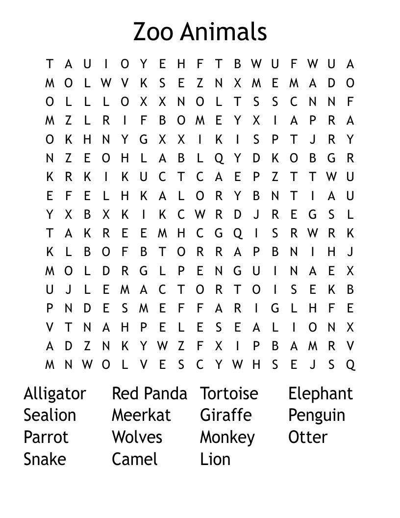 Zoo Animals Word Search