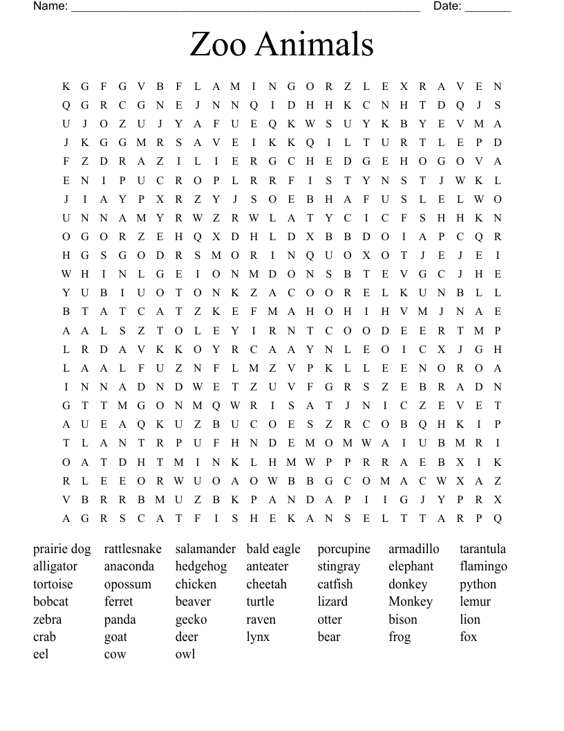 Zoo Animals Word Search