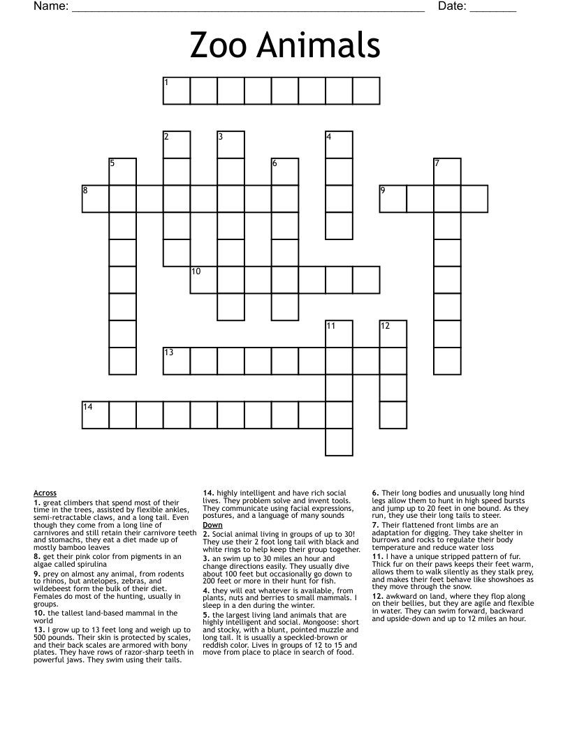 Zoo Animals Crossword