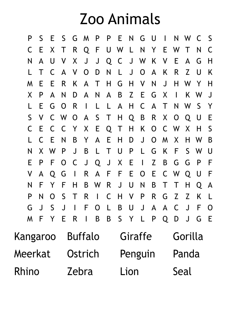 Zoo Animals Word Search