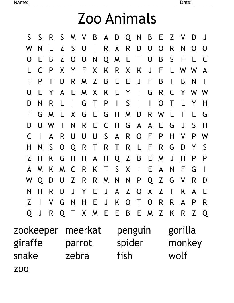 Zoo Animals Word Search